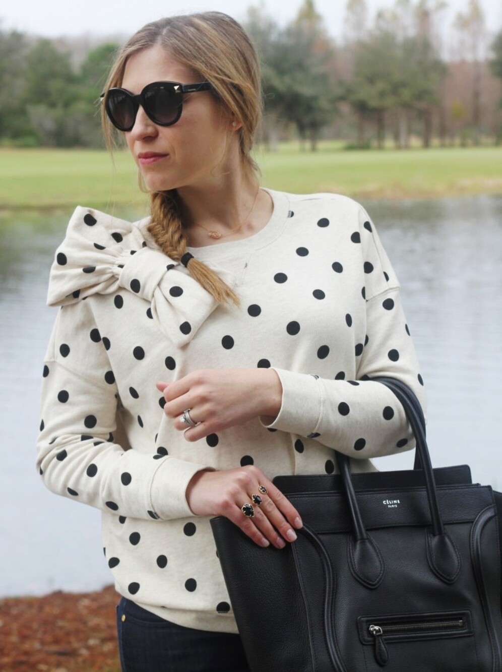 kate spade Cream Polka Dot Crewneck Sweater with Shoulder Bow